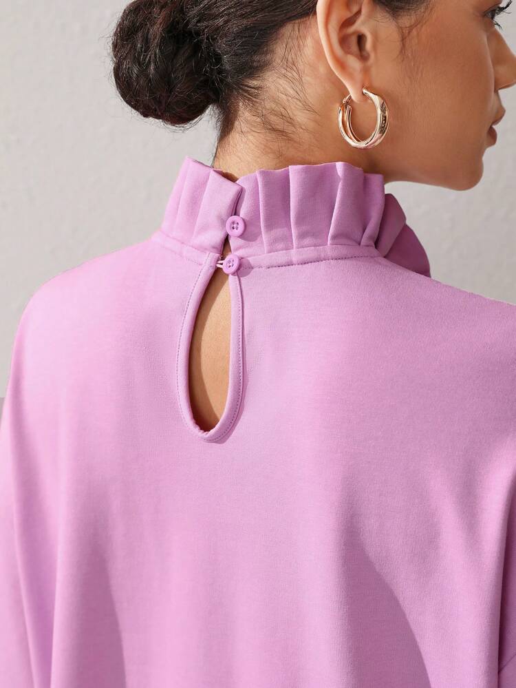 Designer Women's Stand Collar Drop Shoulder Long Sleeve Sweatshirt With Frill Hemline, For Holiday, Vacation, Spring, Festival, Workout, Ibiza Fits