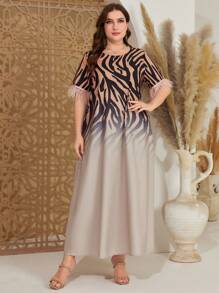 Al Najma Plus Size Zebra Stripe & Gradient Color Printed Fringed Sleeve Hem Dress - Multicolor - View 4