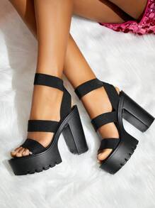 SheIn SXY Criss Cross Chunky Heeled Slingback Sandals Vacation Shoes Summer Spring Shoes Spring Break Easter Prom Heels - Black - View 1