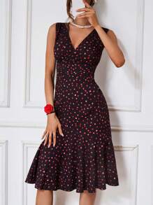 SHEIN Clasi 女性無袖愛心印花裙 - 黑色 - 查看 3