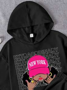 Teen Girls' Casual Letter & Cartoon Print Long Sleeve Hoodie And Sweatpants Set, Suitable For Autumn And Winter - Black - View 3