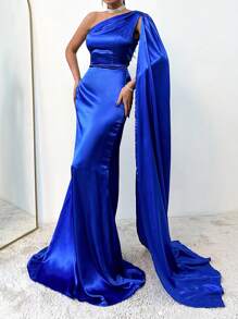 RueChic Women's One Shoulder Ruffle Belt Mermaid Hem Cocktail Party Dress - Royal Blue - View 1