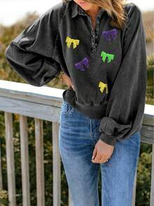 閃亮瑪蒂葛拉特半扣拉根袖運動衫,綁蝴蝶結圖形 - 彩色 - 查看 4