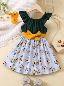 SHEIN 女童渡假風格花卉印花連身裙,帶大蝴蝶結細節 - 綠色 - 查看 1