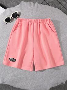 SHEIN 男童休閒字母拼布針織短褲 - 粉色 - 查看 2