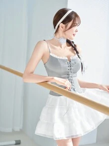 SHEINNeu Top de verano tipo camiseta de tirantes con lazo y encaje en contraste, estilo balletcore - Gris - Ver 1