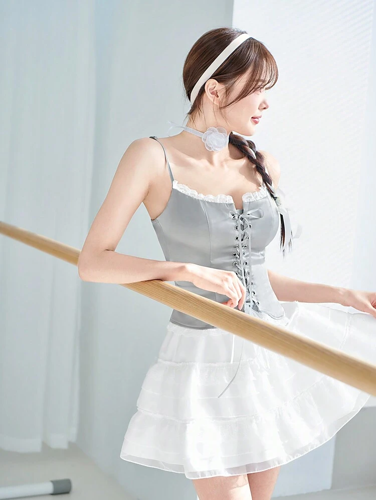 Balletcore Sweet Contrast Lace Trim Ribbon Lace-Up Bow Summer Cami Top Summer Crop Tops