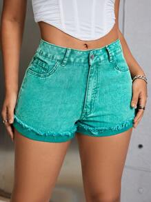 SHEIN SXY Shorts De Mezclilla Lavados Con Dobladillo Deshilachado - Verde - Ver 4