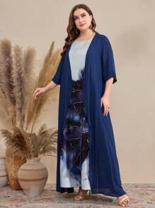 Al Najma Plus Size Marble Print Dress And Solid Color Coat Two Pieces Set 2 Pieces Set - Multicolor - View 4