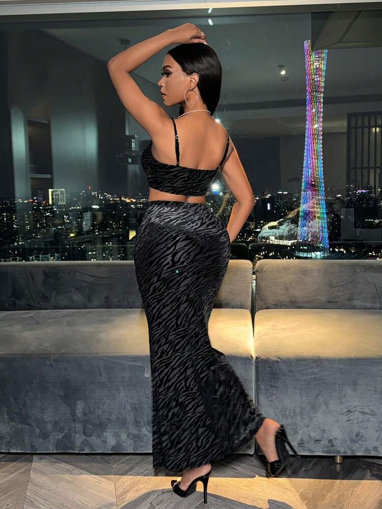 Women'S Zebra Print Camisole Top And Mermaid Tail Skirt Set