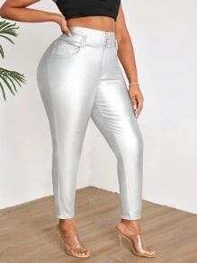 SHEIN ICON Plus Size Made Of Pu Fabric Tight-Fit Pants - Silver - View 5