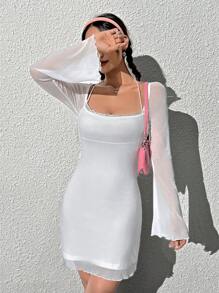 SHEIN EZwear 女士擴腳袖領口連身裙 - 白色 - 查看 2