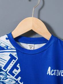 SHEIN 2pcs/Set Young Boys' Casual And Cute Sports Cartoon Car Checkered Comic Color Block Round Neck Short-Sleeved Loose Drop-Shoulder T-Shirt And Cartoon Car Checkered Comic Color Block Sports Shorts Or Pants Suitable For School, , Party, Daily Wear, Spring And Summer Season - Multicolor - View 6