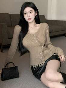 DAZY 女士时尚珍珠纽扣装饰流苏边开衫，秋季服装 - 卡其色 - 查看 1