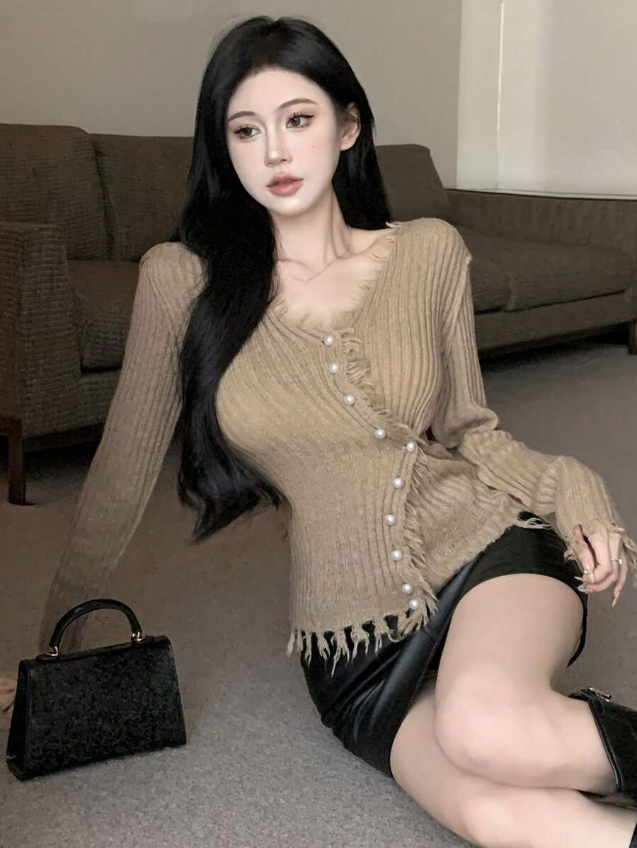 DAZY 女士时尚珍珠纽扣装饰流苏边开衫，秋季服装 - 卡其色 - 查看 1