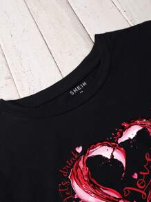 SHEIN EZwear 印有葡萄酒杯和心形圖案的短袖t恤 - 黑色 - 查看 4