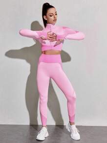 SHEIN Yoga Futuristic 2pcs Gym Outfits Set Workout Suit Zip Up Thumb & Sports Jacket Wide Waistband Tights Fit Set Workout Women Set - Pink - View 2