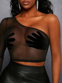 Slaydiva Hand-Printed Mesh See-Through Oblique Shoulder Strap Top - Black - View 4