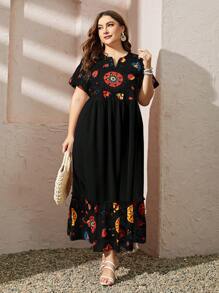 Al Najma Plus Size Random Print Short Sleeve Dress Maxi Women Outfit - Black - View 5