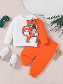 Baby Boys' Adorable Dinosaur Printed Color Block Hoodie And Pants Set For Spring And Autumn - Multicolor - View 1