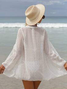 SHEIN Swim 夏季有领长袖透明和服婚纱 - 白色 - 查看 2