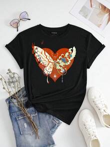 SHEIN LUNE Plus Size Women'S Butterfly Print Short Sleeve Regular Shoulder T-Shirt - Black - View 3