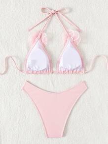 Swim Mod Conjunto de bikini de cuello alto con estampado floral de verano y volantes - Rosa - Ver 2