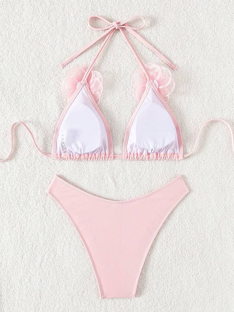 Summer Floral Stand Collar Bikini Set With Ruffle Trim