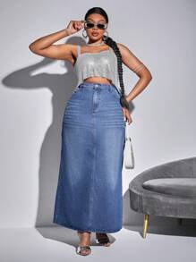 Plus Size Washed Denim A-Line Skirt, Vacation Style, No Stretch, All-Match