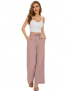 Women'S Drawstring Wide Leg Pants - Pink - View 4