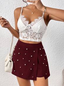 SHEIN Privé Women's Pearl Decor Wrap Skorts - Burgundy - View 5