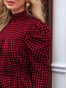 SHEIN Privé Women's Plaid Leg-Of-Mutton Sleeve With Waist Belt Dress - Red - View 5