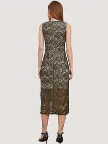 Vestido De Encaje Con Bloques De Color Y Cuello Redondo Sin Mangas Y Cintura Ceñida Para Fiesta Y Graduación - Verde militar - Ver 2