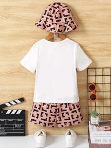SHEIN 3入組幾何圖案拼接圓領短袖T恤和短褲配桶帽套裝，適用於年輕男孩，夏季