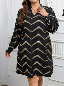 SHEIN Clasi 剪裁領口長袖禮服連衣裙,背部飾有燈芯釦 - 彩色 - 查看 2