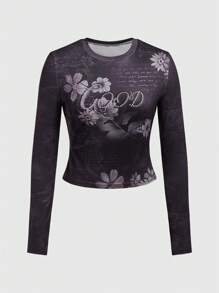 Sweetness 標語和花卉印花長袖緊身t卹