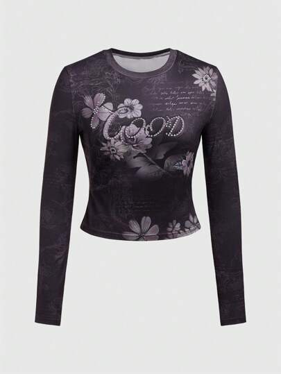 Sweetness Camiseta Delgada Con Mangas Largas Con Diseño Impreso De Slogan Y Flores