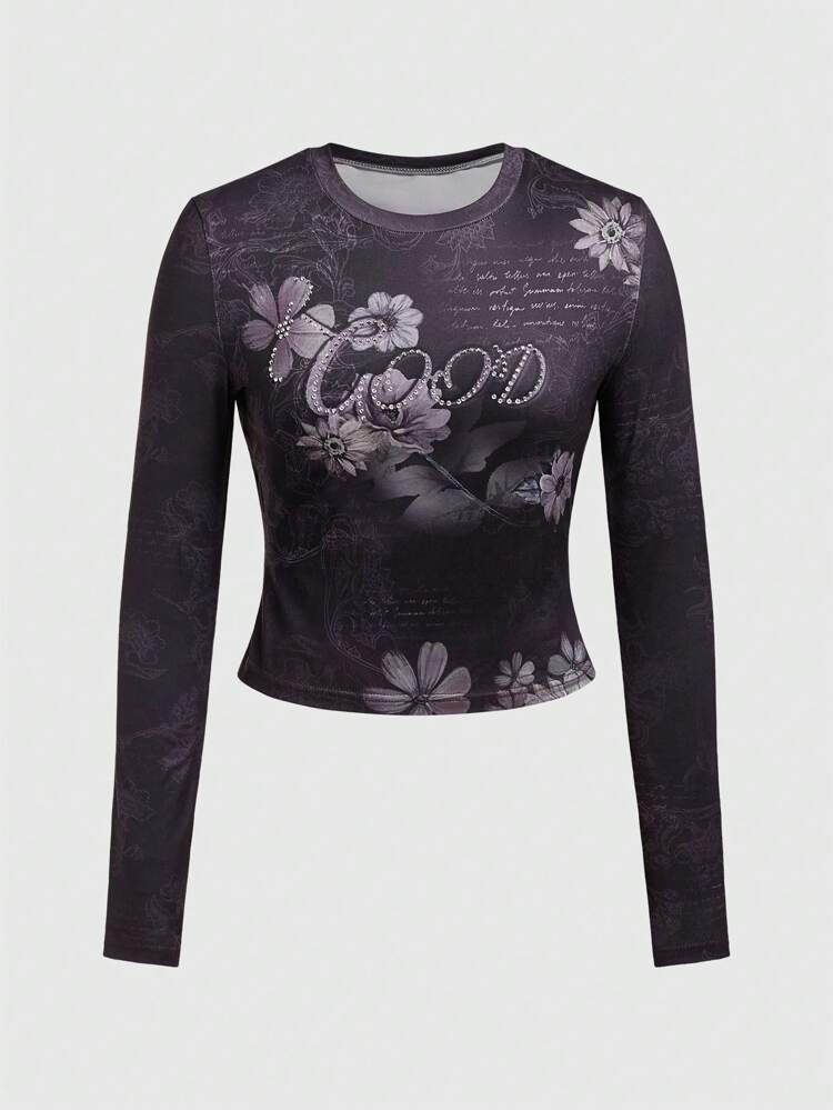Slogan And Floral Printed Long Sleeve Skinny T-shirt