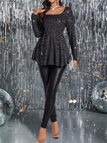 Long Sleeve Ruffled Hem T-Shirt - Black - View 7