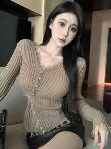 DAZY 女士时尚珍珠纽扣装饰流苏边开衫，秋季服装 - 卡其色 - 查看 7