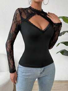 SHEIN Unity Women's Lace Patchwork Hollow Out Top - Black - View 3
