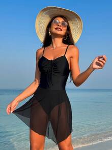 SHEIN Swim Women'S One-Piece Swimsuit With Mesh Knot Detailing On The Chest Music Festival - Black - View 4