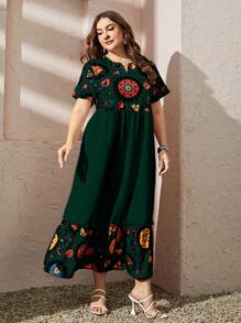 Al Najma Plus Size Random Printed Short Sleeve Dress Maxi Women Outfit - Dark Green - View 5