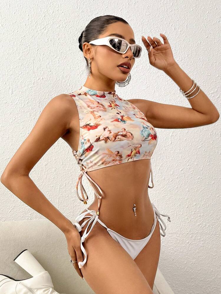 Women's Stand Collar Drawstring Side Swimwear Top Music Festival Summer