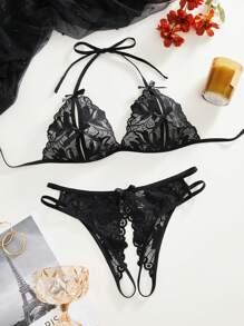 Classic Sexy 女士蕾絲性感內衣套裝,配以蝴蝶結裝飾 - 黑色 - 查看 4