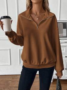 SHEIN LUNE Zipper Half Placket Long Sleeve Sweatshirt - Brown - View 3