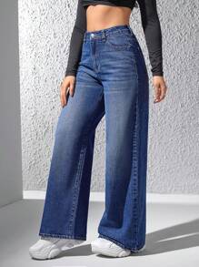 SHEIN EZwear Straight Leg Jeans With Stone Wash - Blue - View 4