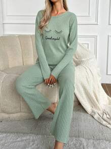 EURMUSE Letter Printed Ribbed Knit Lounge Wear Set - Green - View 4
