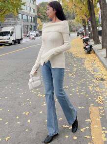 DAZY Của phụ nữ Màu thuần Off Shoulder Áo len - trắng - Xem 7