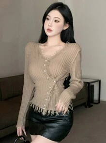 DAZY 女士时尚珍珠纽扣装饰流苏边开衫，秋季服装 - 卡其色 - 查看 5